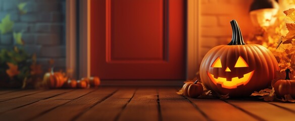 Obraz premium A long, narrow, wide, Halloween theme banner with a scary jack o lantern pumpkin and a red door. Suitable for a web banner or header. 