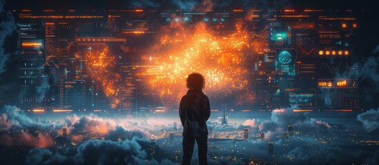 Fototapeta premium Silhouette of a Hacker Facing a Digital World Map