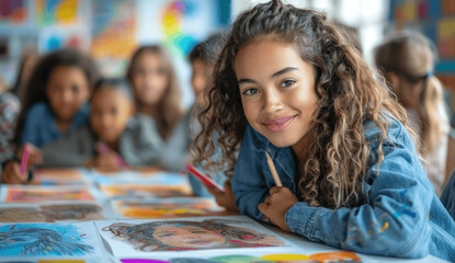 Diverse Group of Students and Teacher Engaged in Creative Art Project in Classroom