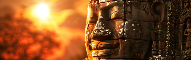  Buddha statue's face, bathed in warm golden light exuding a sense with bokeh in the background