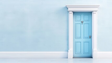 Fototapeta premium Serene entrance, charming blue door framed by white trim, minimalistic design against soft blue wall, inviting atmosphere and elegant simplicity.