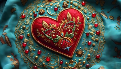 An embroidered red heart with visible stitching and gold beads along the edge, on a turquoise patterned fabric in a Baro.que style