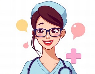 cartoon nurse with stethoscope and speech bubbles.