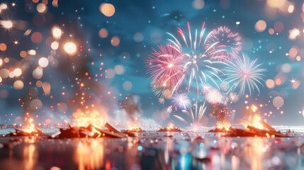 Celebratory fireworks lighting up a night sky over a glowing shoreline, sparks and embers dancing amidst a serene water surface, creating a magical atmosphere.