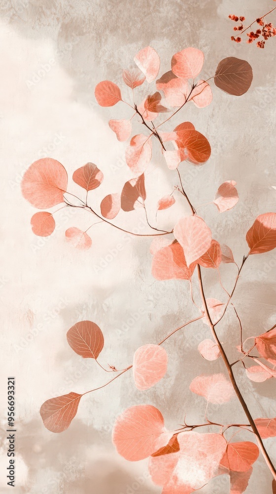 Poster Tranquil minimalist nature scene with pastel leaves.