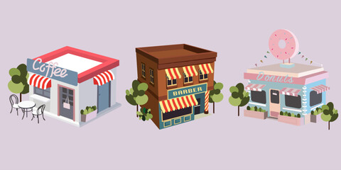 Obraz premium Retro 3D store facades. Commercial building vector set. Barber shop store facade, cute coffee shop and pink donuts shop