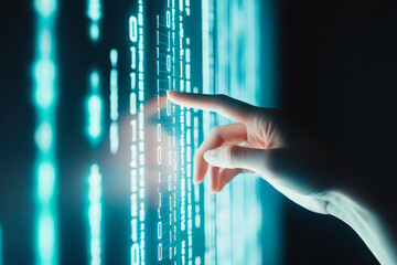 Human hand touches data on the screen in dark lighting