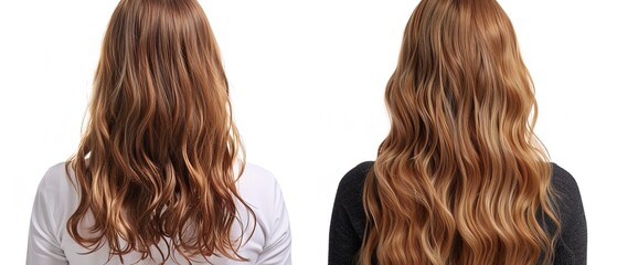 Fototapeta premium Woman before and after hair extensions on white background 