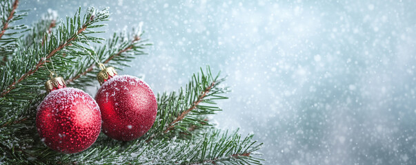 Naklejka premium Christmas tree branch and sparkling red Christmas balls on snowy and bokeh background. Xmas spruce dusted with snow