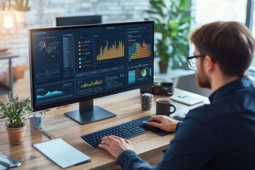 A focused professional studies intricate data displayed on a large monitor, surrounded by tools for writing and analysis in a tidy workspace. Generative AI