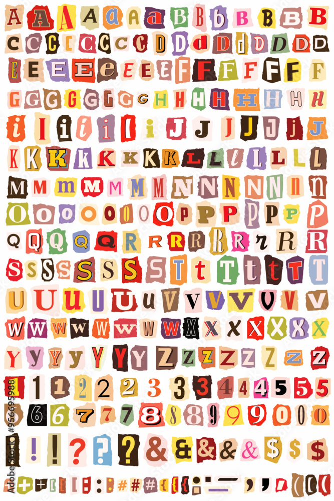 Fototapete ransom letters notes cut out paper collage style colorful design elements torn vector alphabet. cuto
