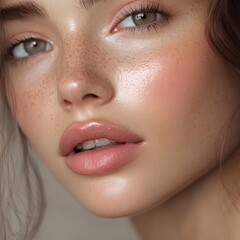 Fototapeta premium Natural makeup with soft pink tones and light blush for a radiant glow.