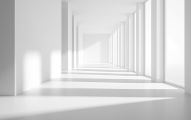 Minimalist Abstract White Background with Soft Shadows and Light Reflections, Ideal for Product Display or Advertising Backdrop in a Studio Setting