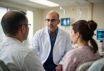 Fototapeta premium A male doctor in a consultation room discussing health concerns with a male and female patient.