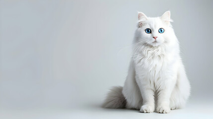 Fluffy white cat sitting on an isolated light grey background, looking directly at the