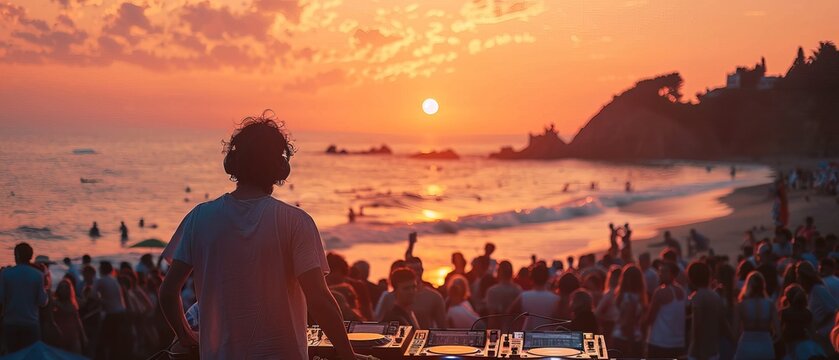 Dj mixing outdoor at beach party festival with crowd of people at sunset 