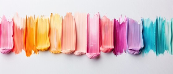 Naklejka premium Vibrant strokes of pastel paint arranged in a linear fashion creating a harmonious gradient, showcasing hues of pink, orange, yellow, and teal against a white backdrop.