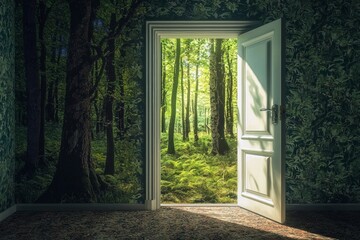 A door opened revealing a forest outside the room