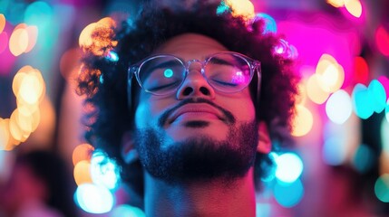 Extrovert at a lively party, fixed sad smile despite the joyful surroundings, bright lights, muted emotions, high detail, contrast between mood and setting