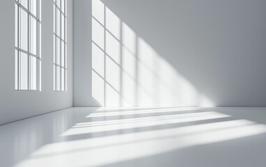 Fototapeta premium Minimalist Abstract White Background with Soft Shadows and Light Reflections, Ideal for Product Display or Advertising Backdrop in a Studio Setting
