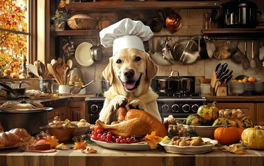 A golden retriever dog dressed as a chef holds a roasted turkey in a kitchen setting.