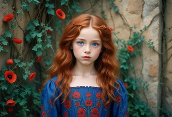 portrait of a girl with red hair and a blue dress