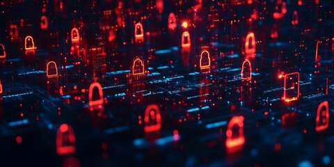 Obraz premium Encrypted Digital Safeguards in a Cyber World, Illuminated Padlocks Guarding Data in the Digital Realm