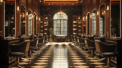 Elegant interior of a luxury barbershop with vintage decor and mirrors
