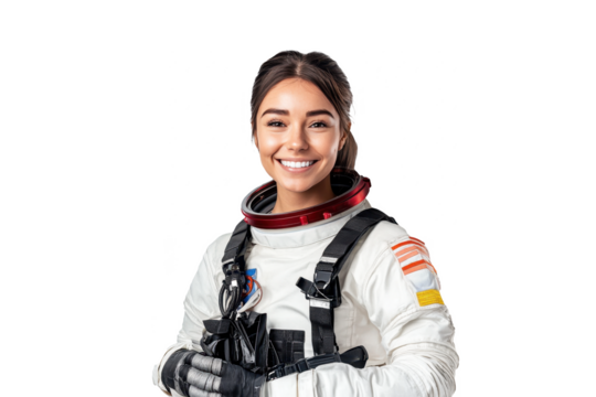 Front view portrait of a cheerful American female astronaut, set against a white transparent PNG cutout backdrop, professionally lit with a softbox for a polished look.
