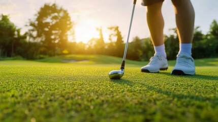 golfer preparing for a swing at sunset