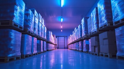 Rows of pallets piled with cardboard boxes inside an expansive cold storage, soft blue lighting reflecting off frozen surfaces, industrial shelving