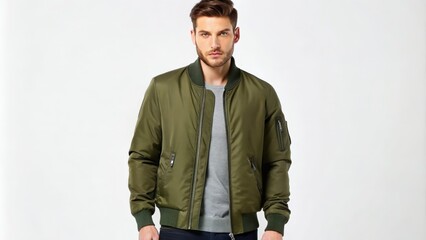 Man Wearing a Green Bomber Jacket with a Zipper and Pocketed Detail