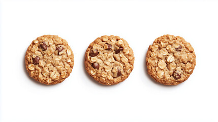 Three Oatmeal Chocolate Chip Cookies in a Row on White Background