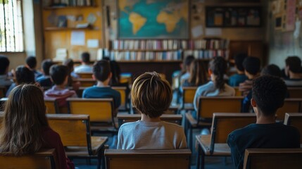 A classroom filled with students surrounded by outdated books and minimal supplies, showcasing the challenges of learning in scarcity. Generative AI