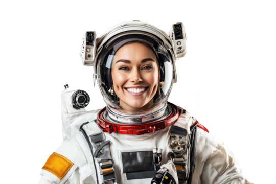 Front view portrait of a cheerful American female astronaut, set against a white transparent PNG cutout backdrop, professionally lit with a softbox for a polished look.