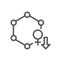 Decreased Female Hormone Levels Icon. Simple Line Illustration of a Molecular Structure with Female Symbol and Downward Arrow, Representing Hormonal Imbalance and Health Issues.