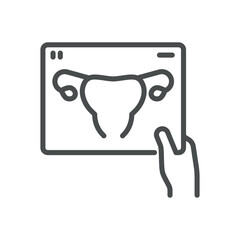 Female Health Check-Up Icon. Simple Line Illustration of Uterus X-Ray Held by Hand, Representing Gynecological Examination and Women’s Health.