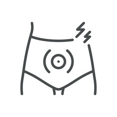 Premenstrual Syndrome Icon. Simple Line Illustration of Lower Abdomen with Pain Signals, Representing PMS Symptoms and Menstrual Discomfort.