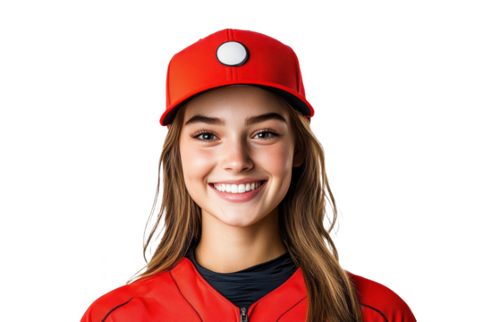 Front-facing portrait of a joyful American female baseball player, isolated on a white transparent PNG cutout background, captured with professional softbox lighting.