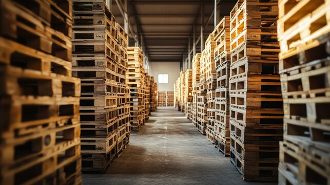 Rows of wooden pallets leading into the distance inside a well-lit warehouse, emphasizing the depth and readiness for the next shipment