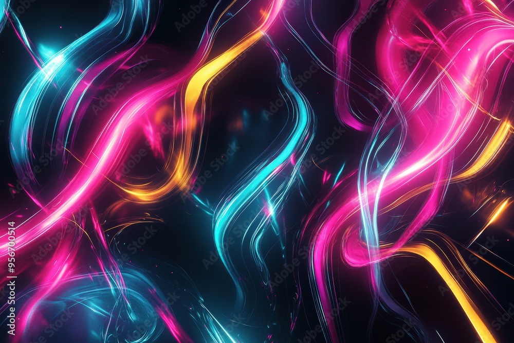Wall mural vibrant neon abstract design with intersecting waves and colorful light streaks.