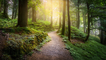 Obraz premium arrow path winding through an enchanted forest, with soft, ethereal lighting