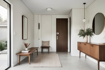 Fototapeta premium A modern entryway with Scandinavian and mid-century design, featuring a minimalist console table, wooden bench