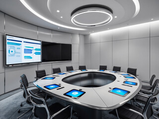 A futuristic conference room with curved, chrome-accented furniture