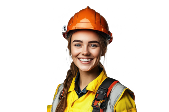 Front view portrait of a smiling American female construction worker, set against a white transparent PNG cutout background, with professional softbox lighting for a sharp image.