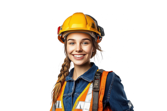 Front view portrait of a smiling American female construction worker, set against a white transparent PNG cutout background, with professional softbox lighting for a sharp image.