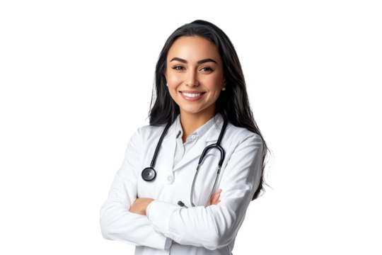 Cheerful American female doctor portrait, front view, isolated on a white transparent PNG cutout backdrop, shot with professional softbox lighting for optimal clarity.