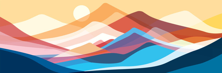 Mountains flat color illustration. Abstract simple landscape. Colorful multiply translucent glass hills. Multicolored abstract shapes. Vector design art