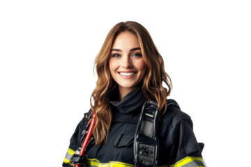 Front-facing portrait of a delighted American female firefighter, against a white transparent PNG cutout background, captured with a professional softbox for a bright finish.