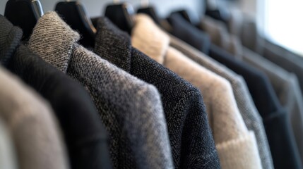 Obraz premium Elegant wool coats hanging on a rack. Neat row of stylish coats in various shades of grey and beige. Ideal for winter fashion collections and store displays.